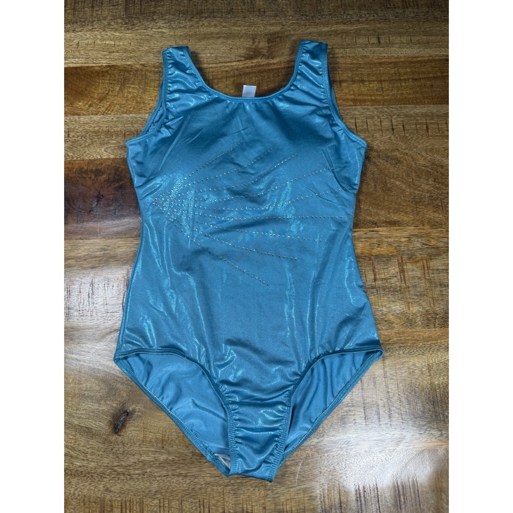 Gymnastics Leotard Unitard Girls Small Teal Metallic Rhinestone Dance